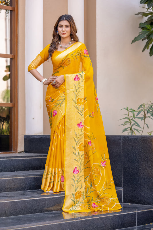 Chiffon Mustard Yellow Saree Featuring Delicate Hand Painted Floral Motifs