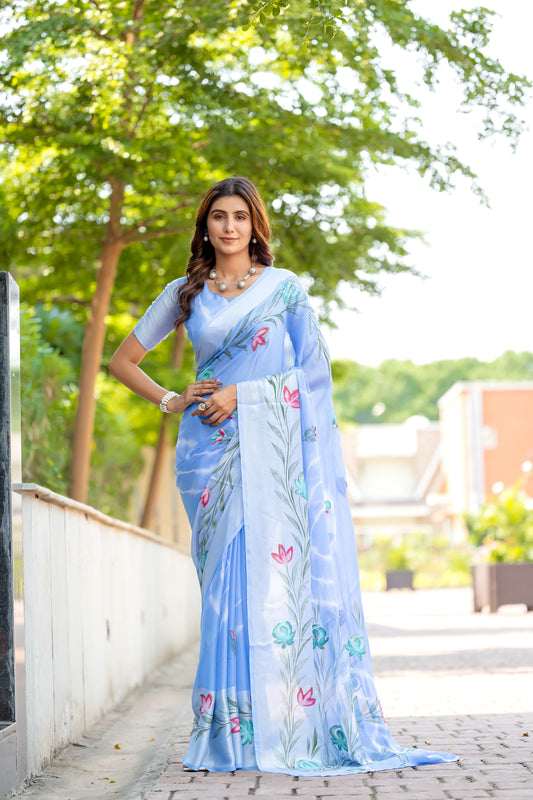 Chiffon Sky Blue Saree Featuring Delicate Hand Painted Floral Motifs
