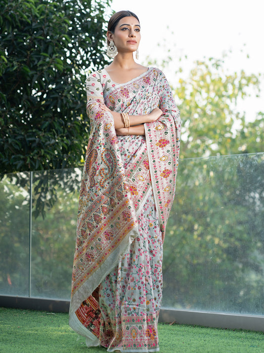 Pure White Blended Jamdani Silk Saree with Antique Gold and Multicolored Minakari Kani Work