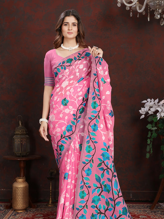 Lovely Pink Floral Jaal Cotton Muslin Saree