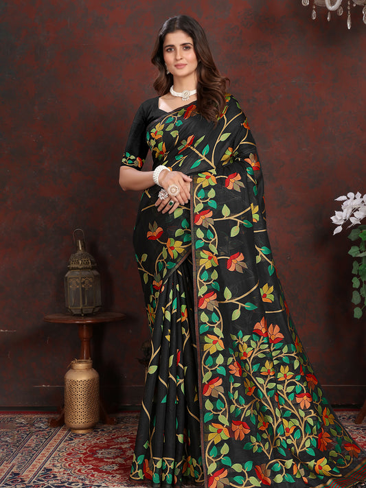 Elegant Black and Golden Cotton Muslin Saree with Multicolored Floral Jaal Design