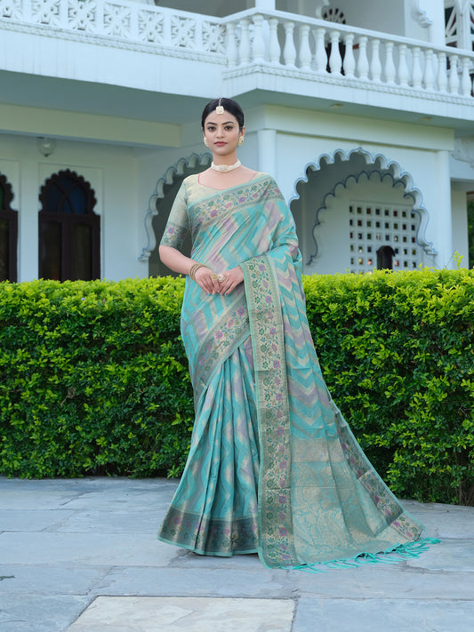 Orange Organza Saree with Multicolored Zari Embroidery