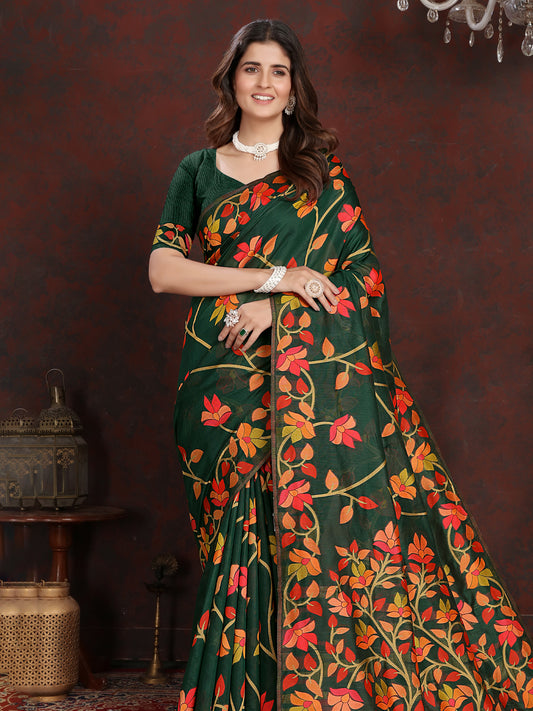 Vibrant Green Cotton Muslin Saree with Multicolored Floral Jaal Pattern