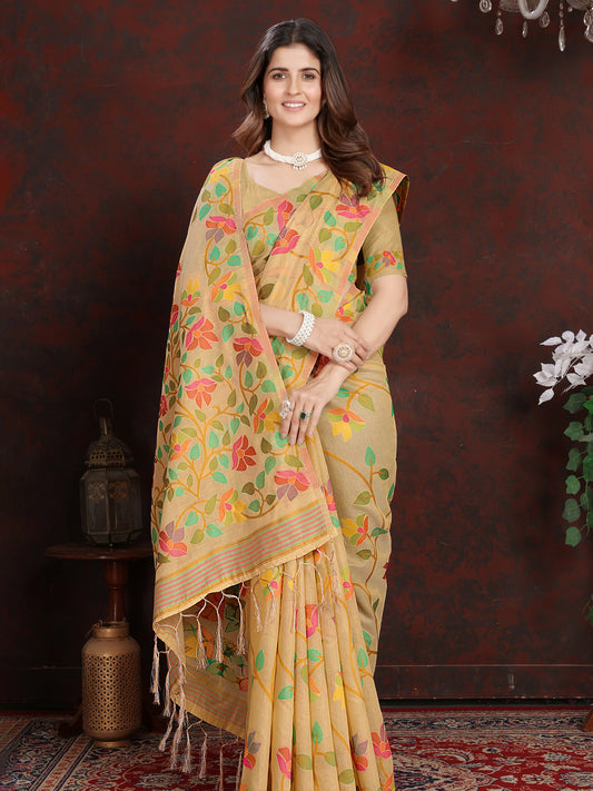 Warm Beige and Golden Floral Jaal Cotton Muslin Saree